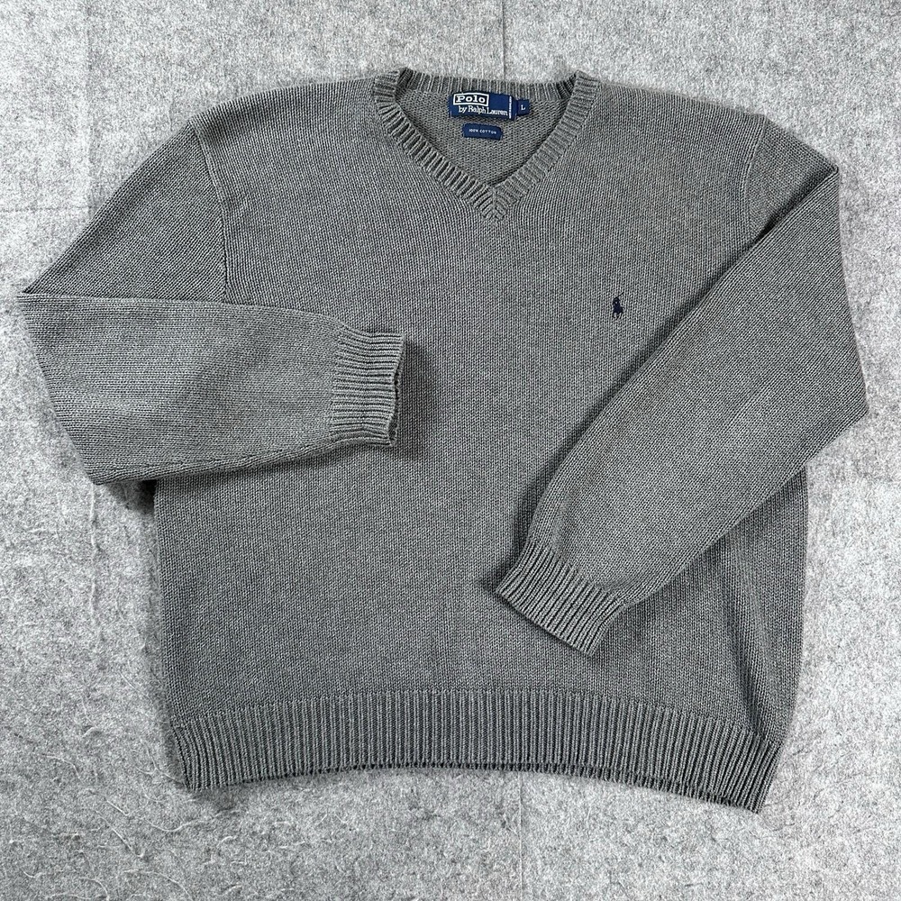 Vintage Polo Ralph Lauren Mens L Gray V-Neck Cotton Chunky Sweater